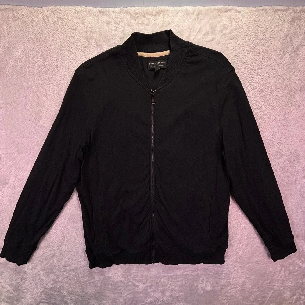 Banana Republic Mens Bomber Jacket Sz L Black Luxe Touch Performance Full‎ Zip
